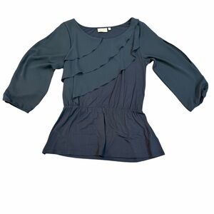 Deletta Anthropologie Navy Ruffle Slit Sleeve Top Size Small‎